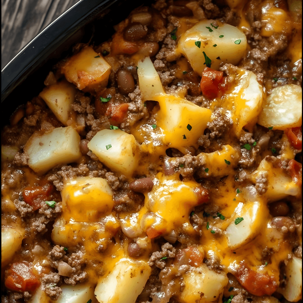 Hearty Cowboy Casserole – Casserole dish fresh from the oven with golden cheese and crisp topping.