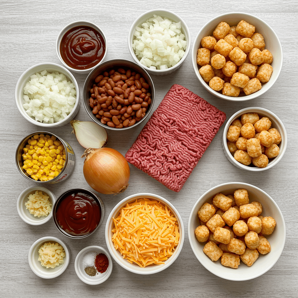 Hearty Cowboy Casserole – Close-up of cheesy beef and potato casserole served on a plate.