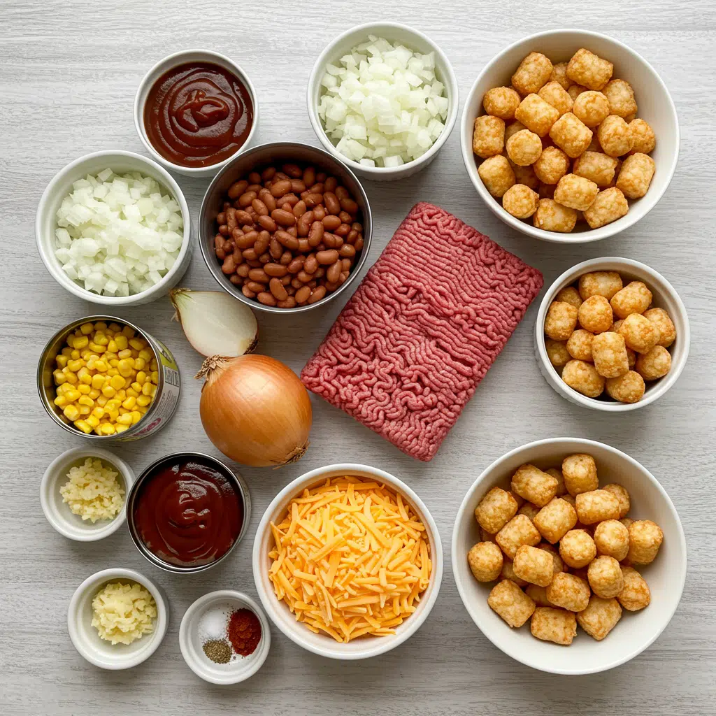 Hearty Cowboy Casserole – Close-up of cheesy beef and potato casserole served on a plate.