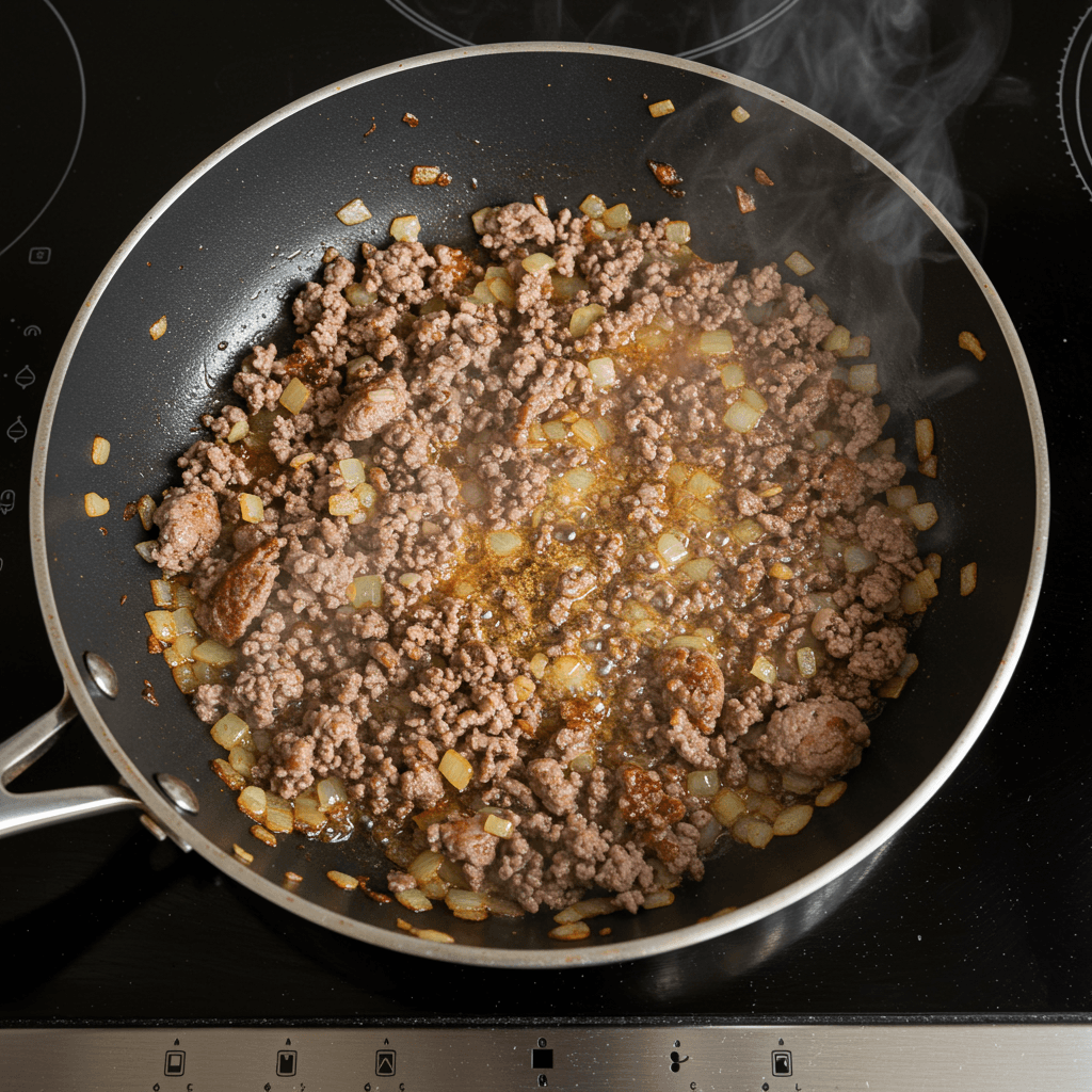 Hearty Cowboy Casserole – Ingredients flat lay: ground beef, cheese, tater tots, cream soup, and seasoning.