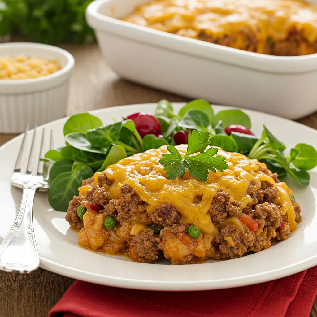 Hearty Cowboy Casserole – Spoonful of cheesy beef, corn, and tater tots served on a rustic plate.