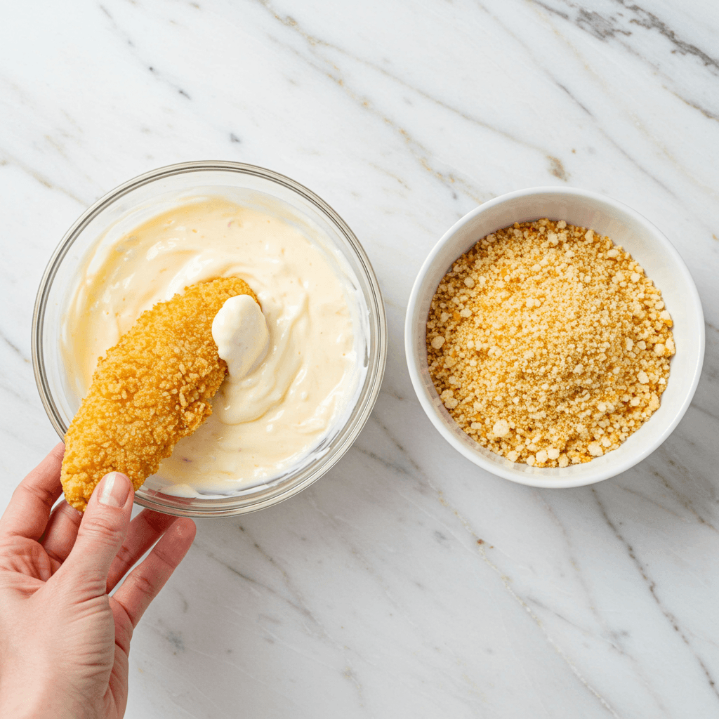Crispy Ranch Parmesan Chicken Tenders – Ingredients flat lay including chicken strips, ranch seasoning, Parmesan, and breadcrumbs.