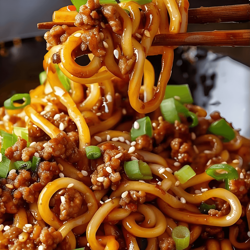 Mongolian Ground Beef Noodles – Bowl of saucy noodles with ground beef and green onions.
