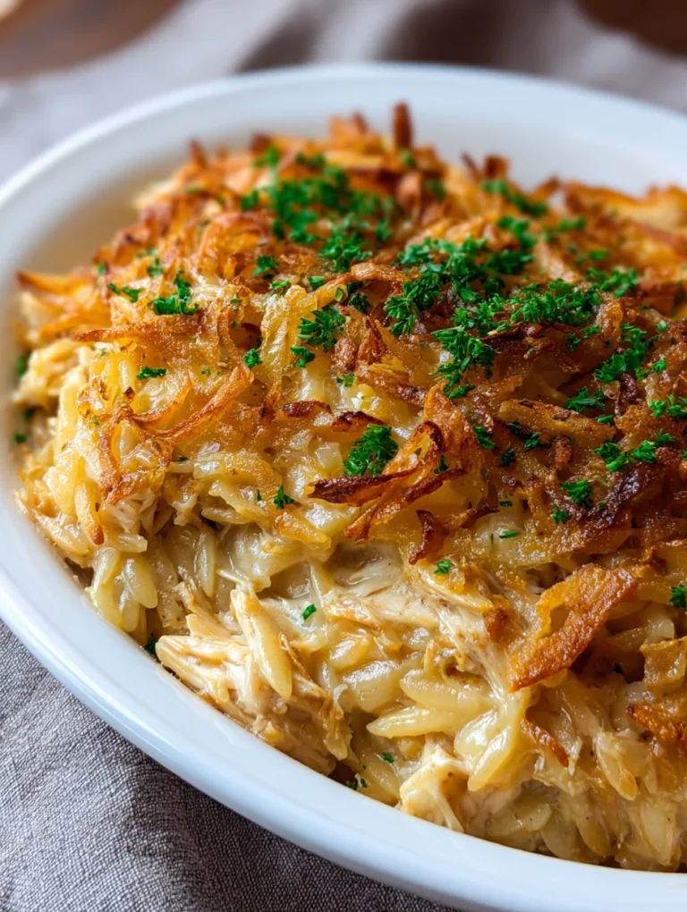 French Onion Chicken Orzo Casserole