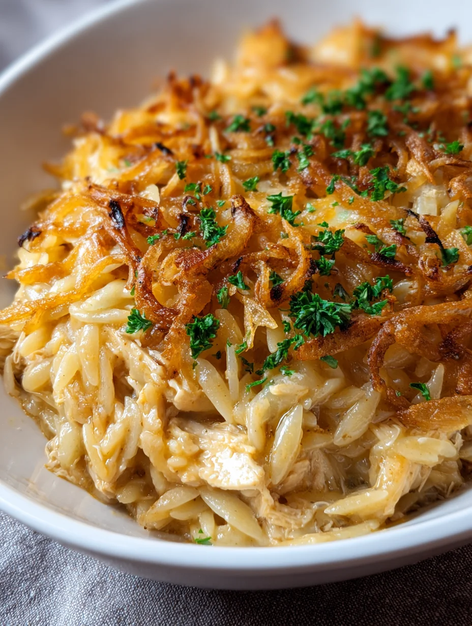French Onion Chicken Orzo Casserole