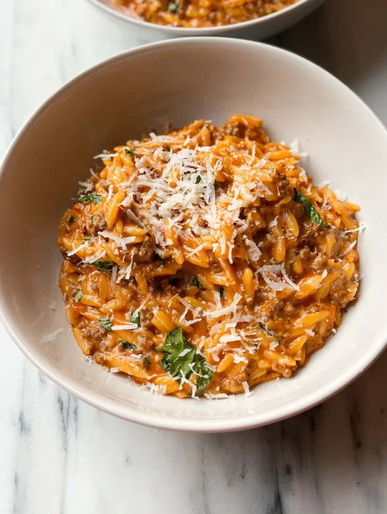 Ground Beef Orzo with Tomato Cream Sauce