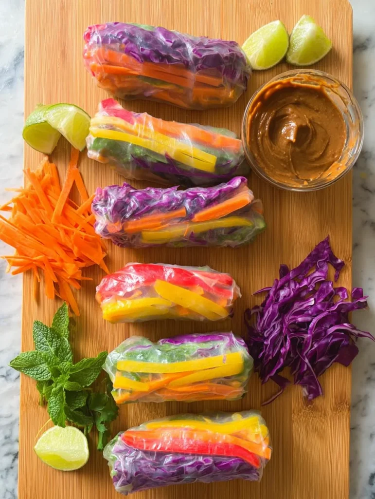 Rainbow Spring Rolls with Ginger Peanut Sauce