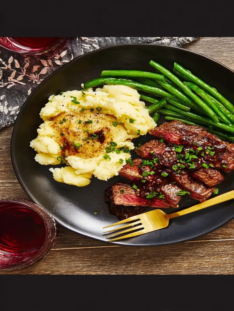 Ribeye and Roasted Garlic Pan Sauce with Mashed Potatoes and Green Beans
