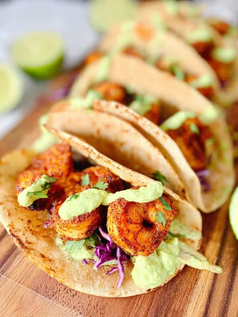 Spicy Shrimp Tacos with Avocado Crema